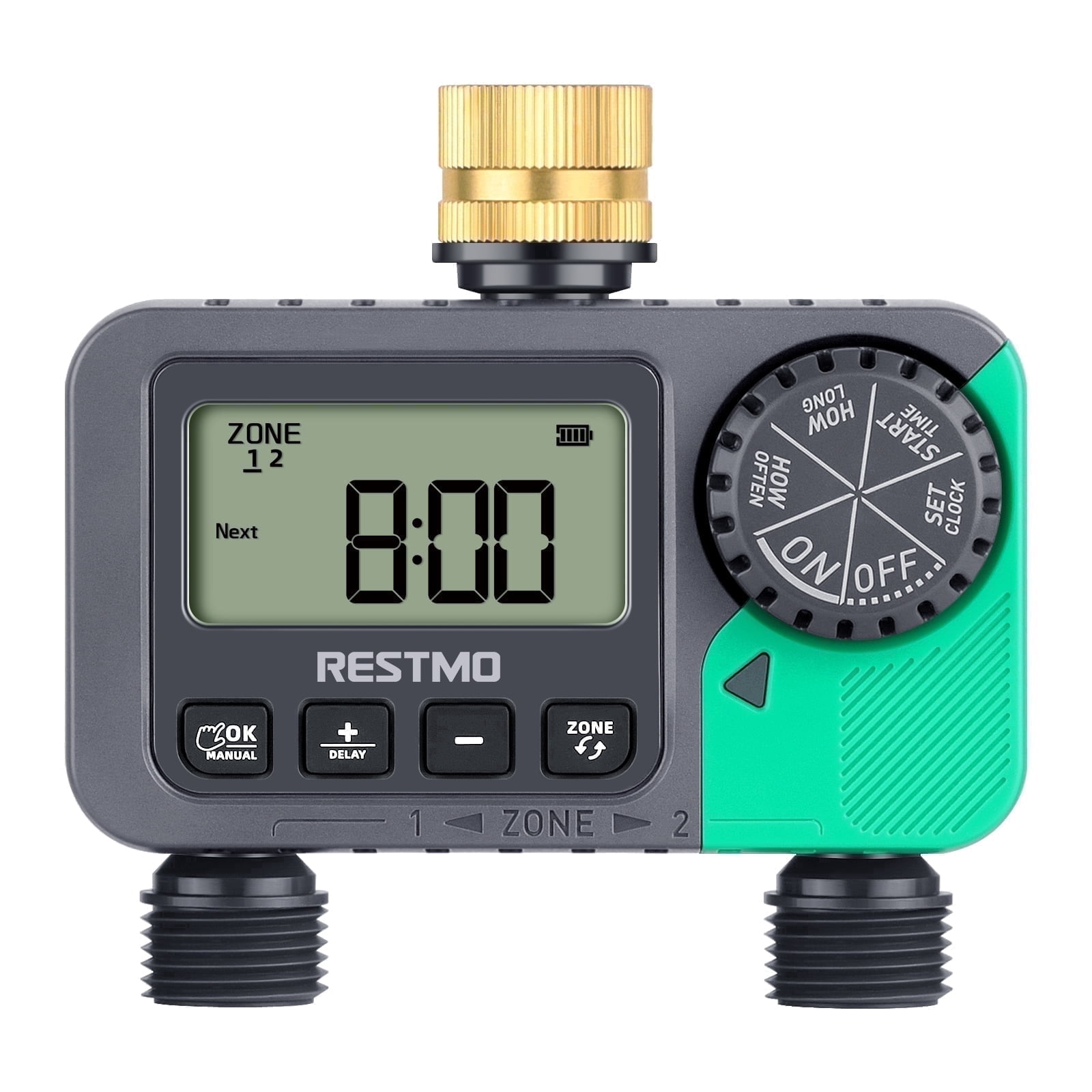 Restmo Water Timer for Garden Hose, Sprinkler Timer with Brass Inlet, Automatic Digital Control | Manual ON/Off | Rain Delay, for Outdoor Faucet, Drip Irrigation and Lawn, 2 Outlet