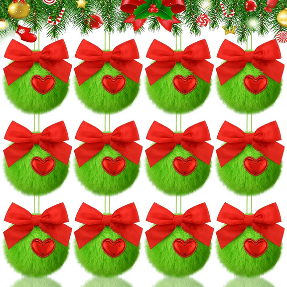 Katinyos 12 Pcs Lime Green Furry Christmas Ball Ornaments with Red Bow for Tree Green Christmas Hanging Decorations