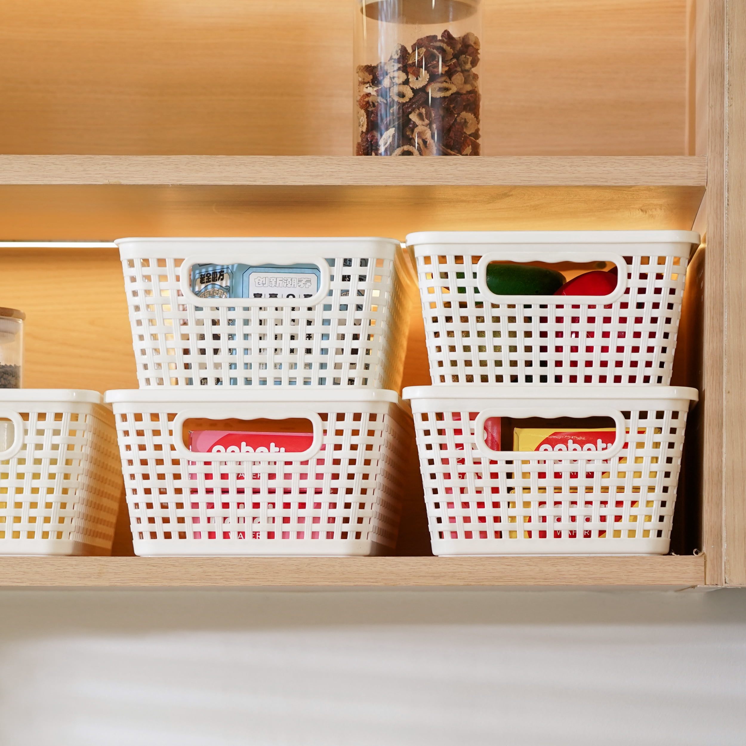 Small Plastic Storage Basket with Lid Handle 7x10.9x4 in Cream White 6 Pack
