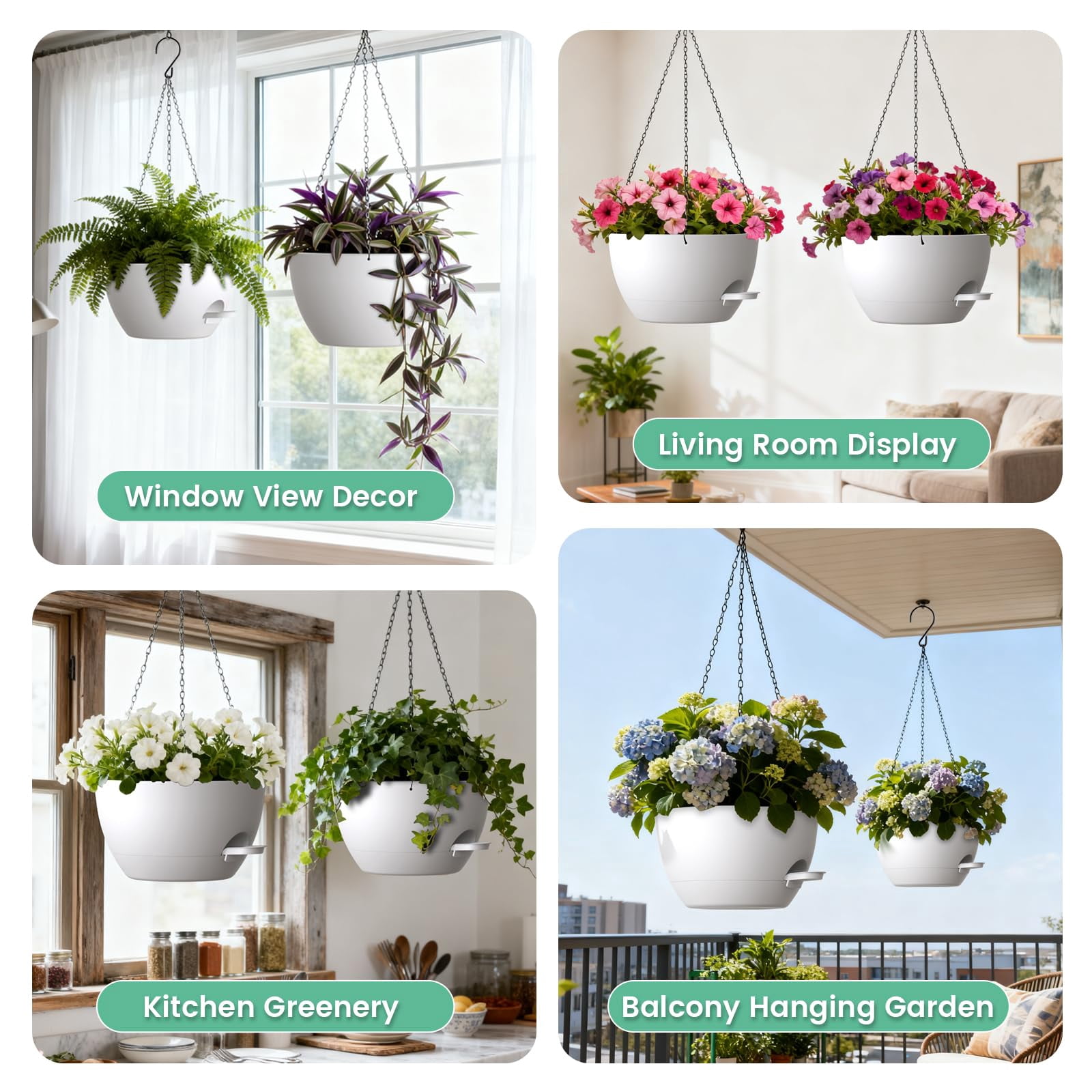 13 Inch 2 Pack Large Self Watering Hanging Planters for Indoor Outdoor Plants, Hanging Plant Pots with Removable 50 Oz Reservoir, Plastic Hanging Basket for Window Porch Garden,