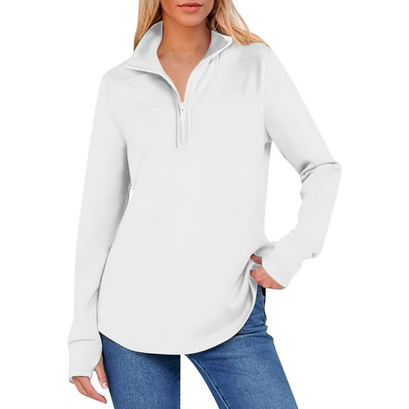 Women's Thumb Hole Solid Color Blouses Long Sleeve Knit Half Zip Up Oversize Sweatshirt Casual Oversized Pullover Tops (XL, White)