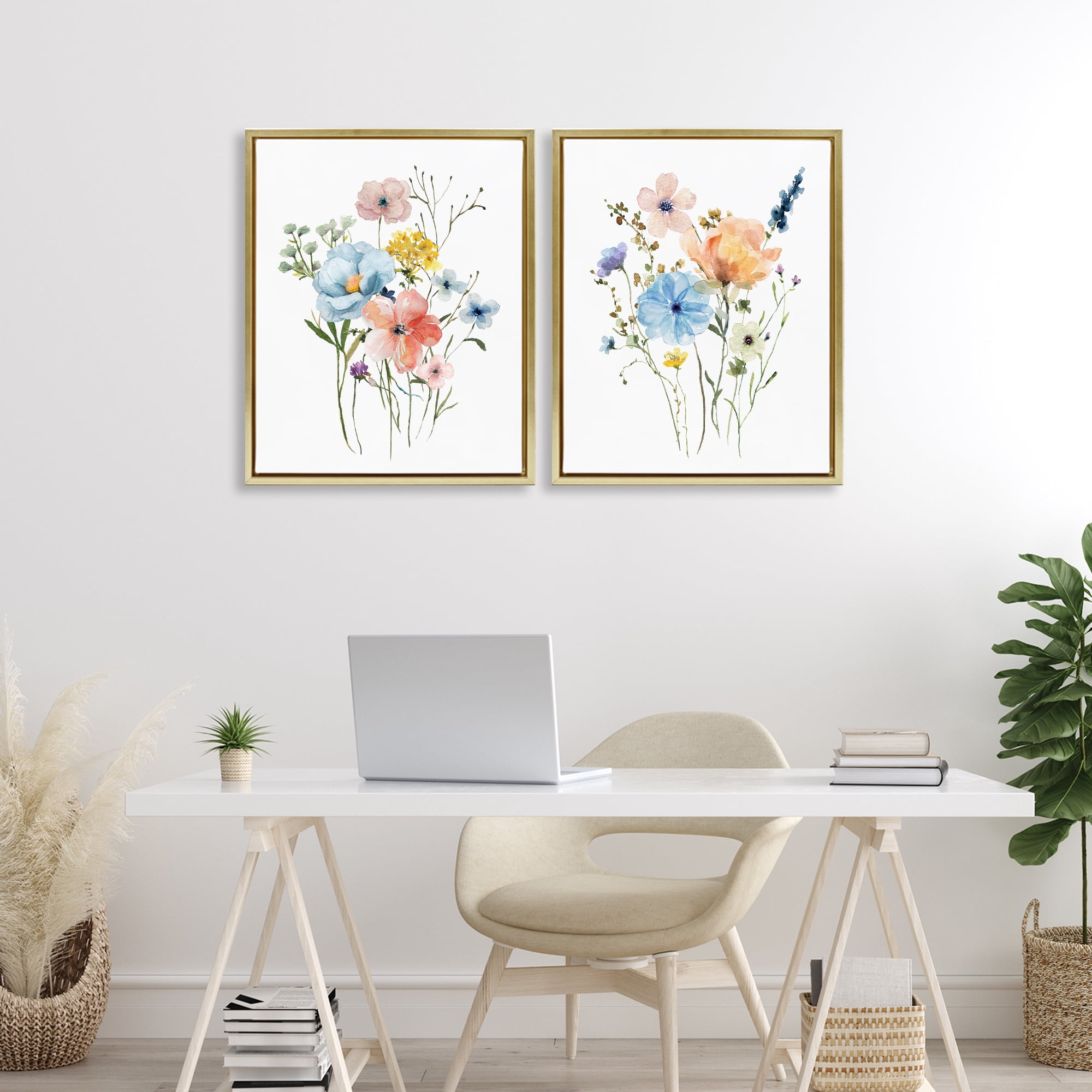 Stupell Industries Wildflower Sprig Bundles 2 Piece Gold Framed Floater Canvas Set, design by Livi Finn