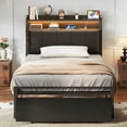 thumbnail image 2 of Bed Frame Twin Size with Storage Headboard and Drawer, Upholstered Platform Bed with Charging Station and LED Light, Heavy Duty Frame Support, No Box Spring Needed, Noise Free, Black, 2 of 9