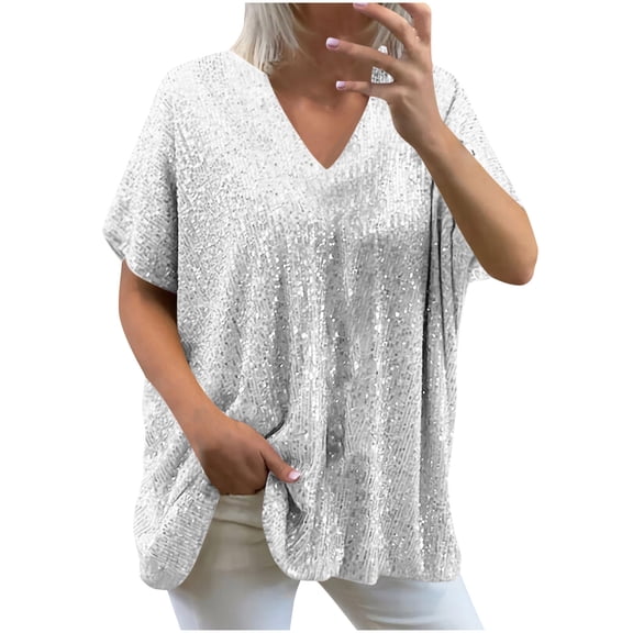 Enjoytime Shirts for Women Solid Color V-Neck Sequins Short Sleeve Blouses Summer Spring Fashion Loose Casual Plus Size Tops Silver L