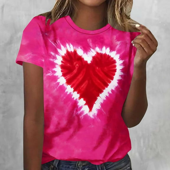 EchfiProm Shirts for Women Valentine Valentine Day Graphic Tee Hot Pink Tie Dye Heart Crew Neck Short Sleeve Lovers Tops