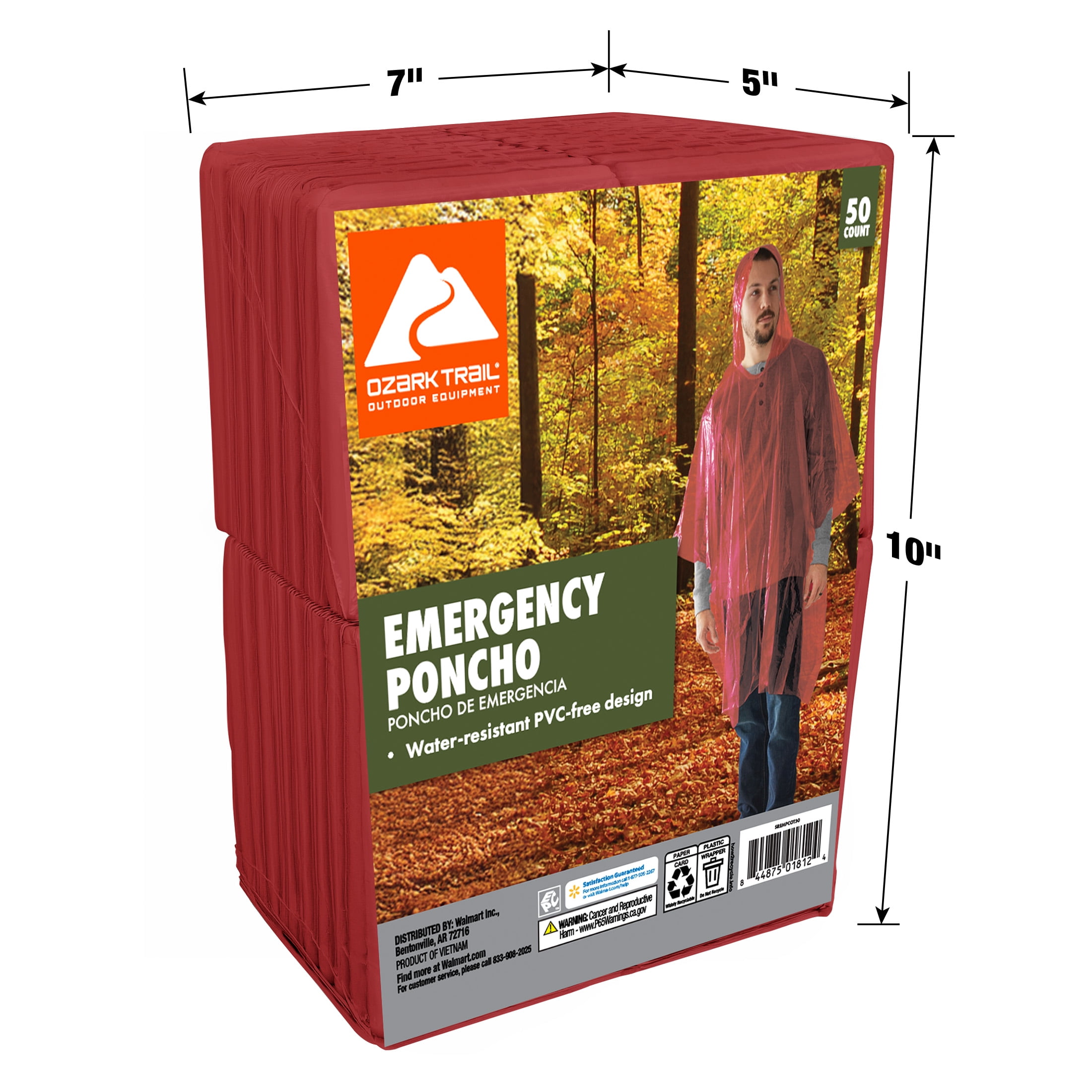 Ozark Trail Red Emergency Poncho - 50 pack