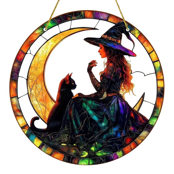 Heqing Boutique Hot Sale Halloween Witch Hat Design Hanging ornament 2D Acrylic Magical Hat Witch Window Hanging Charming Stained Glass Wall Art Hanging ornament for Halloween Decor