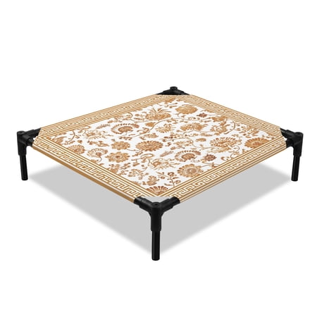 Bohemian Elevated Dog Bed Farmhouse Yellow Flowers Vines Traditional Border Cooling Breathable Outdoor Raised Dog Cot Bed with Metal Frame Non-Slip Feet for Small Dog 20x20in