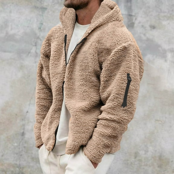 Pejock Men's Plush Hooded Jacket, Lightweight Zip Up Fleece Outerwear with Pockets, Long Sleeve Casual Wear for Spring Winter
