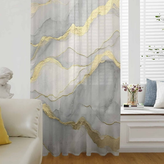 Marble Grey Semi Sheer Curtains Drapes for Living Room, Bedroom, French Doors Window 63 Inches Long, Modern Gold Luxury Neutral Texture Rod Pocket Chiffon Curtain Drapery Voile Draperies Panel