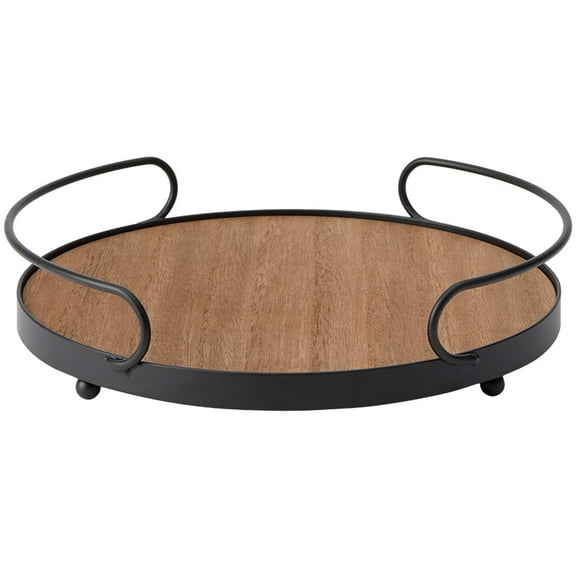 Tabletop Decorative Metal & Wood Round Serving Tray