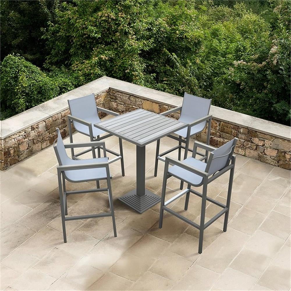 Armen Living Marina Outdoor Patio Barstool in&nbsp;Grey Powder Coated Finish with Grey&nbsp;Sling Textilene and Grey Wood Accent Arms