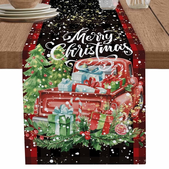 nqOlkjepod Christmas Table Runner 70 Inches Long Farmhouse Dress Scarves, Truck Snowflake Pine Tree Black Red Plaid Dining Tablerunner for Coffee Table/Kitchen Island/Party Décor, 13" x 70"