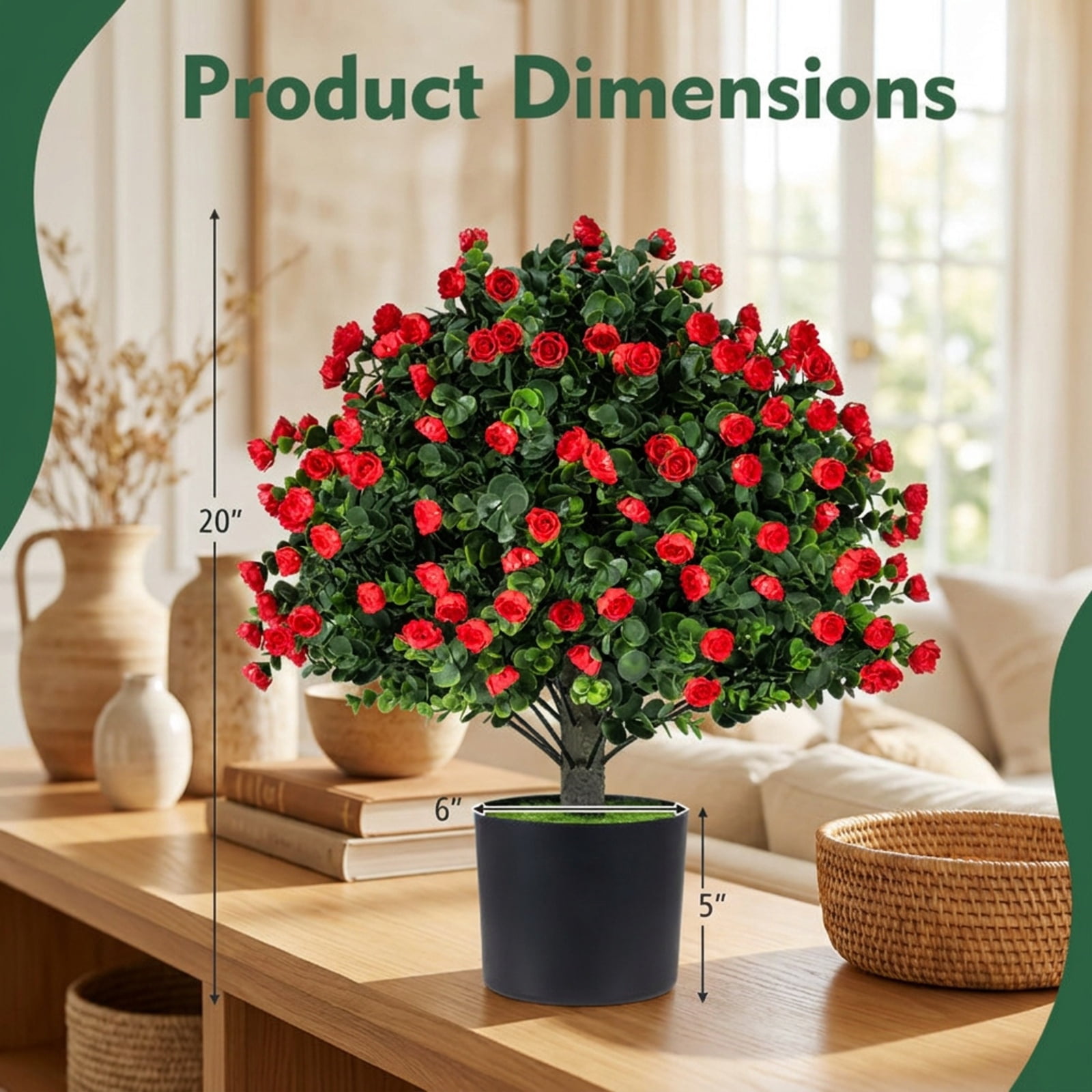 Vebreda Artificial Plant Decor, 2 Pack Artificial Rose Topiary Ball Trees with PP Cement-Filled Flowerpot for Home, Realistic Floral Ball Design
