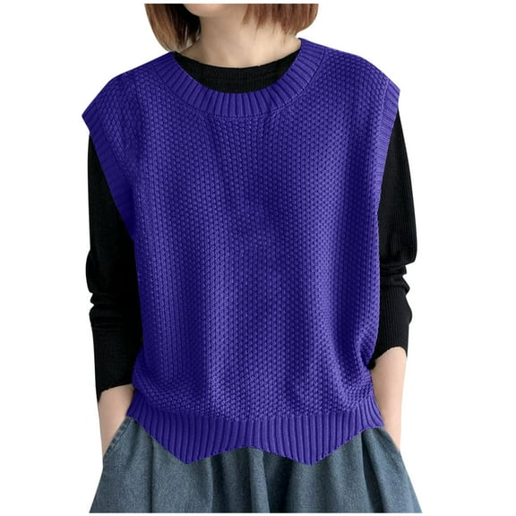 Women's Solid Sleeveless Crewneck Sweater Vest Trendy Ribbed Knit Pullover Loose Fit Split Hem Tops