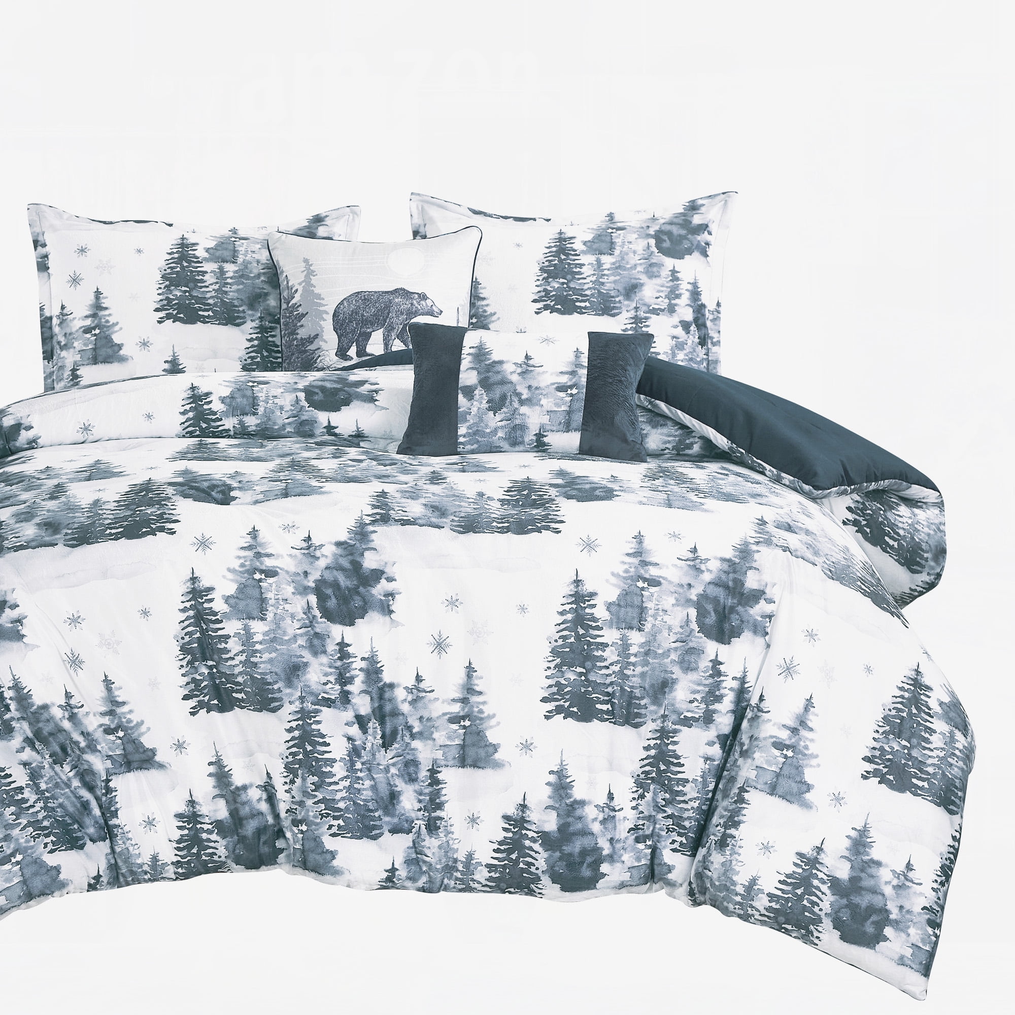 5-Piece Velvet Comforter Set, Winter Forest Bear Print Bedding Sets, King