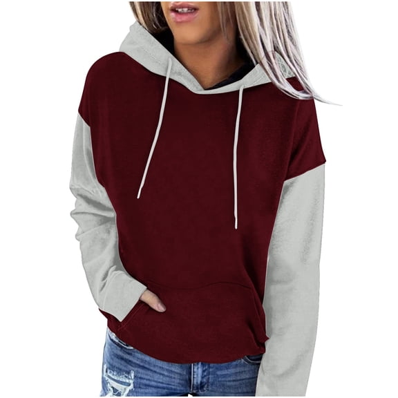 UYISJ Women's Color Block Hoodies Long Sleeve Pullover Hoodie Casual Loose Lightweight Pullover Sweatshirt with Pocket Wine L