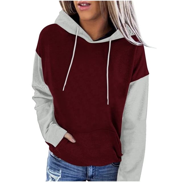 MeetoTime Women's Color Block Hoodie Fall Fleece Long Sleeve Crew Neck Oversized Hooded Sweatshirt Pullover Tops