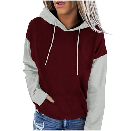 Atogsazn Womens Sweaters Hoodies Casual Colorblock Long Sleeve Hooded Sweatshirts for Woman Clothing Tops 06-Wine L