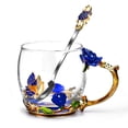 thumbnail image 1 of Taza de vidrio esmaltado OEAGO con cuchara de rosas azules y mariposas, 1 of 7