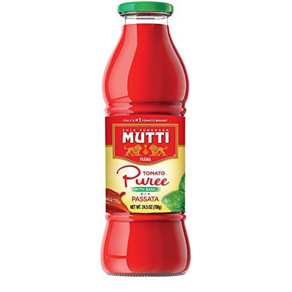 Mutti — 24.5 oz. 6 Pack of Tomato Puree with Fresh Basil (Passata con Basilico) from Italy’s #1 Tomato Brand. Sweet and velvety for recipes calling for Pureed Tomatoes.