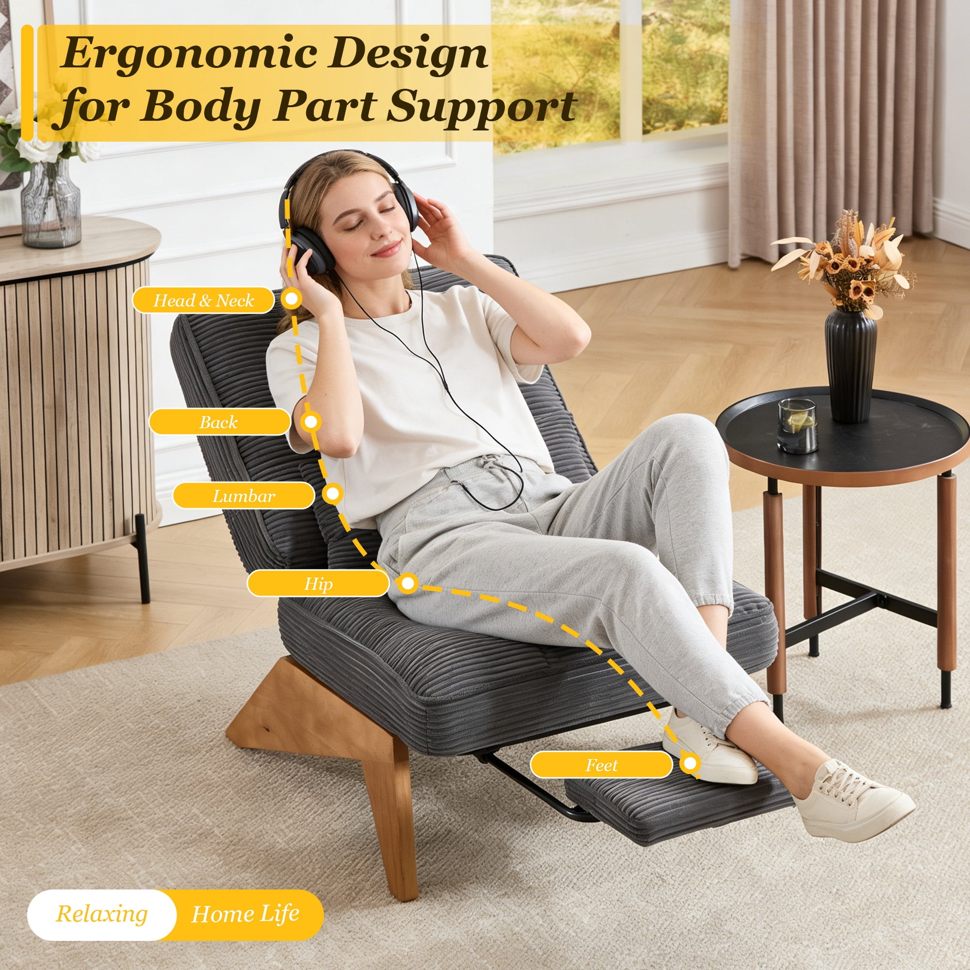 MOONMISS Modern Adjustable Lounge Chair with Footrest,Wooden Base Upholstered Recliner for Reading Rest Corduroy