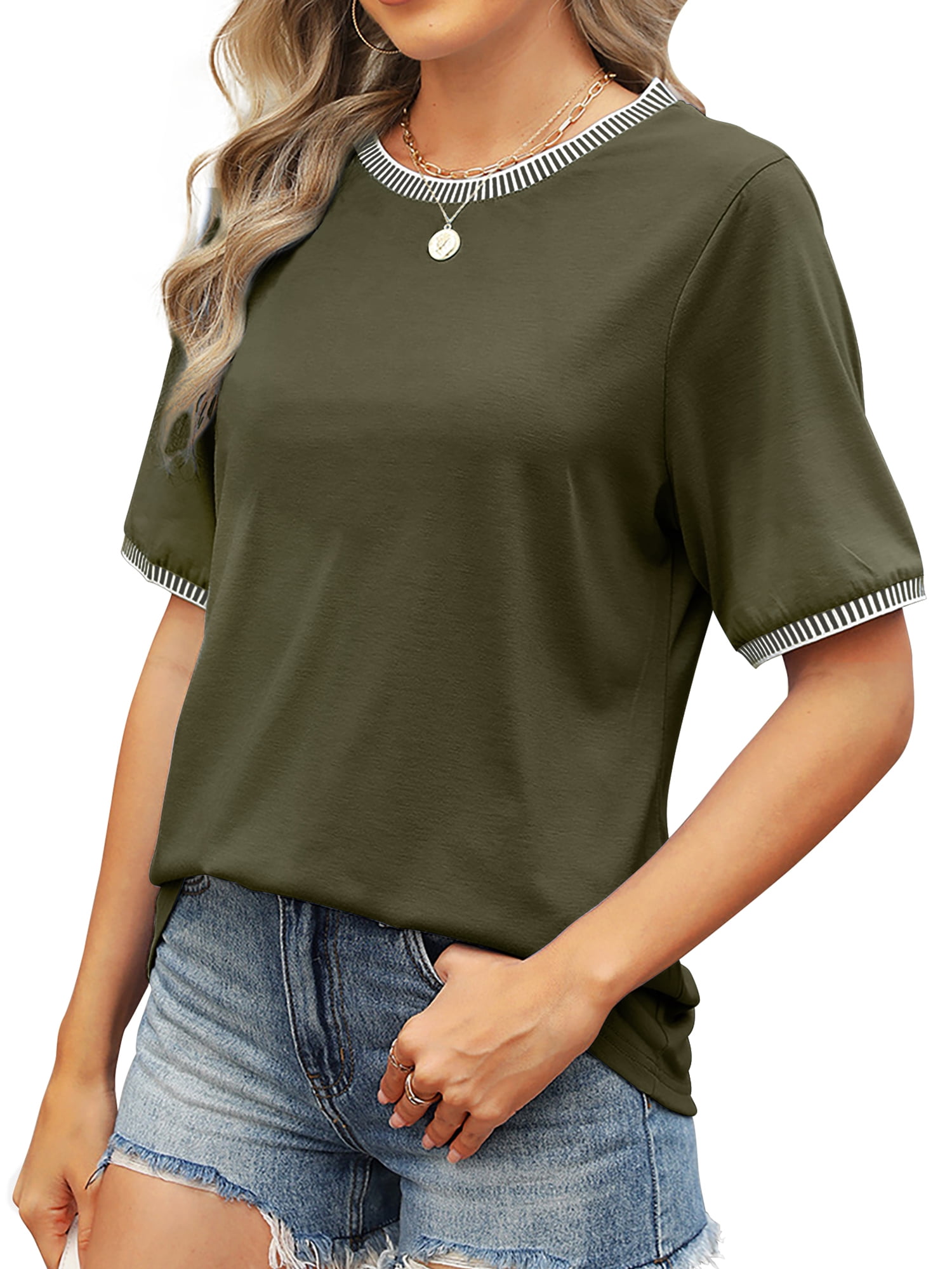 MOSHU Dressy Women Plus Size Tops Crewneck Blouses for Women Striped Colorblock Short Sleeve Shirts Casual Summer Tops