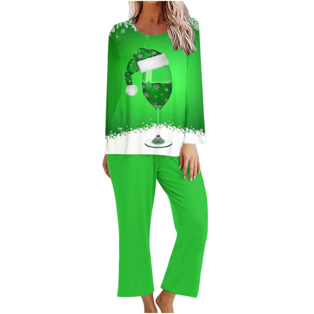 Pisexur Pyjamas de Noël pour Femmes Ensemble Deux Pièces Tendance Vacances Verres à Vin Rouge Imprimé Pjs Décontractés Manches Longues Col Rond Hauts Pantalons de Pyjama Vêtements de Nuit