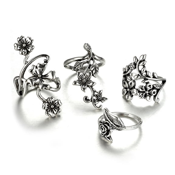 4Pcs Vintage Silver Flower Rings Set, Boho Stackable Open Rings for Women, Retro Carved Floral Knuckle Rings, Gothic Punk Jewelry Gift for Party Daily Wear