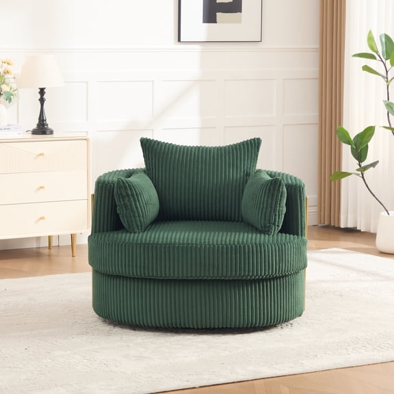 MOONMISS Swivel Barrel Accent Chair with Hidden Storage,Corduroy Round Single Sofa,Gold Metal Frame,for Living Room Reading Nook,Green