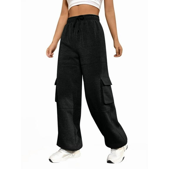 Cargo Joggers for Women Baggy Fleece Wide Leg Sweatpants Elastic High Waisted Fall Casual Hiking Pants Black S