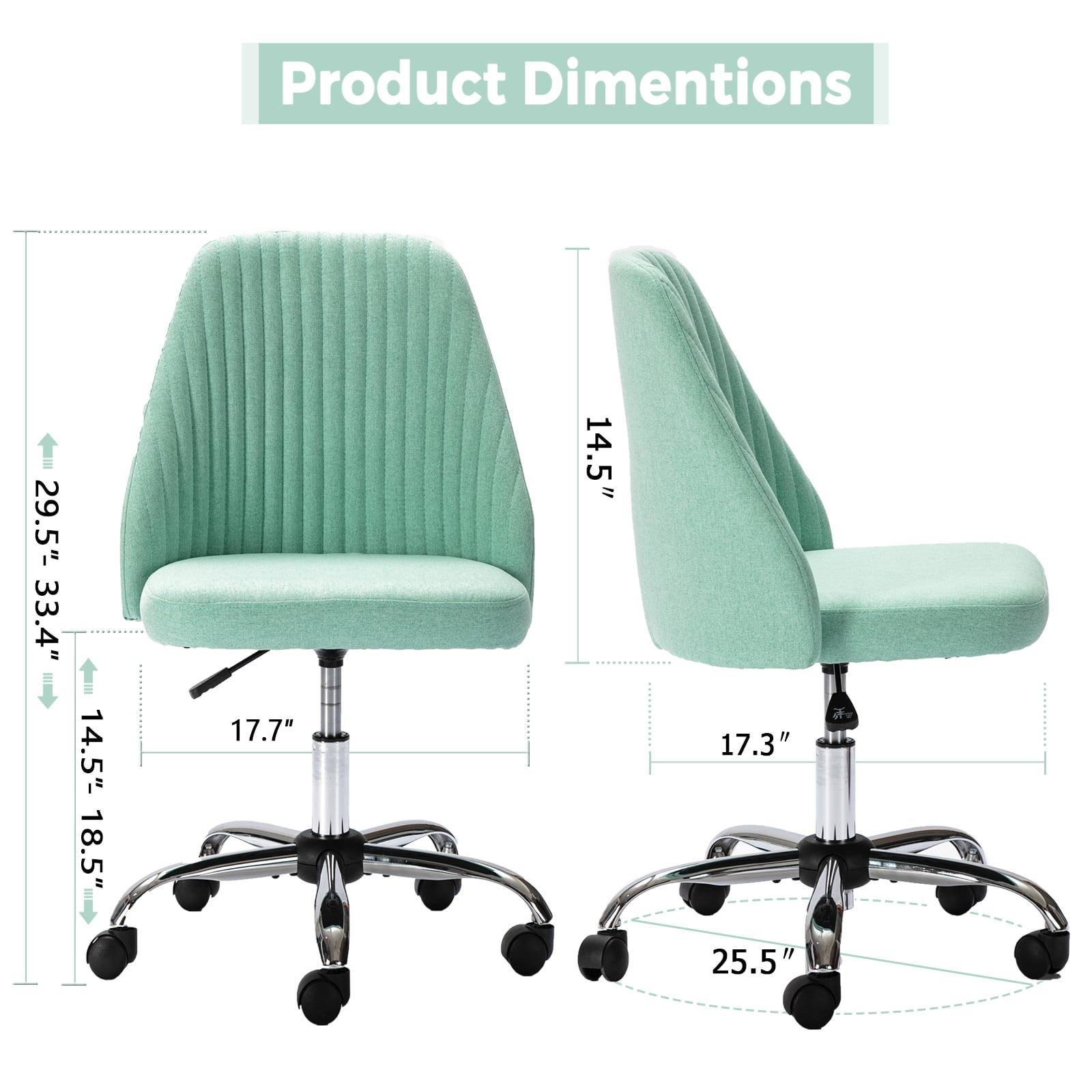 edx Vanity Chair, Armless Desk Chair with Wheels, Adjustable Swivel Fabric Makeup Chair, Comfortable Home Office Task Computer Chair, Green