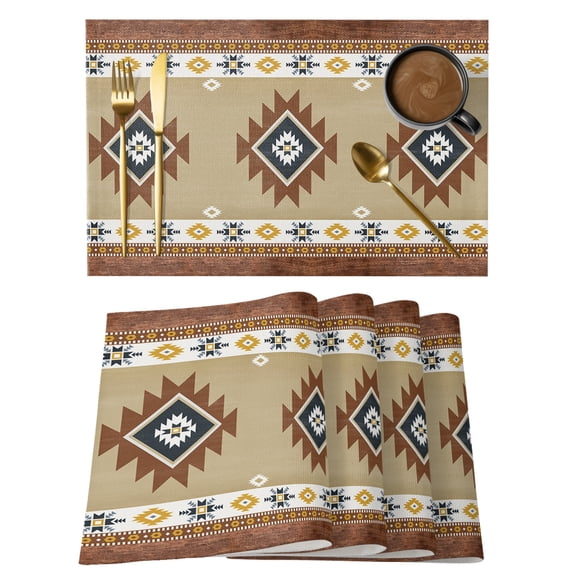 Southwest Geometric Placemats Set of 4, Bohemian Tribal Style Khaki Non-Slip Place Mats Washable Table Mats for Kitchen Dining Table Decorations Indoor/Outdoor