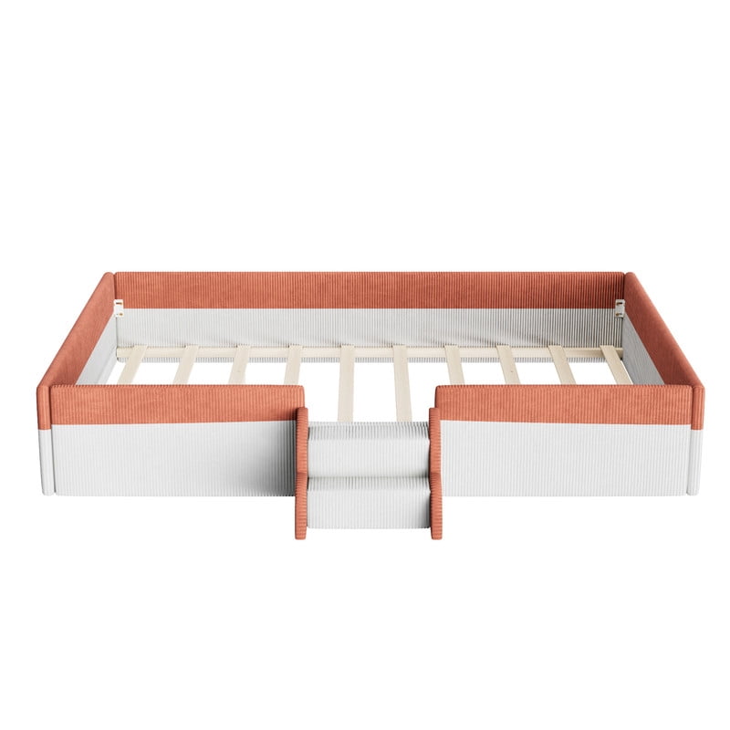 Full Size Upholstered Floor Bed with Fence, 2-Tier Steps and Smart LED Lights, Corduroy Platform Bed with Safety Guardrails, Kids Montessori Bed for Boys Girls