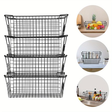 4-Tier Stackable Metal Storage Baskets - Black Wire Organizer for Kitchen Bathroom Bedroom Office Multi Purpose Space Saving Shelves for Snacks Cosmetics Toys Home Organization