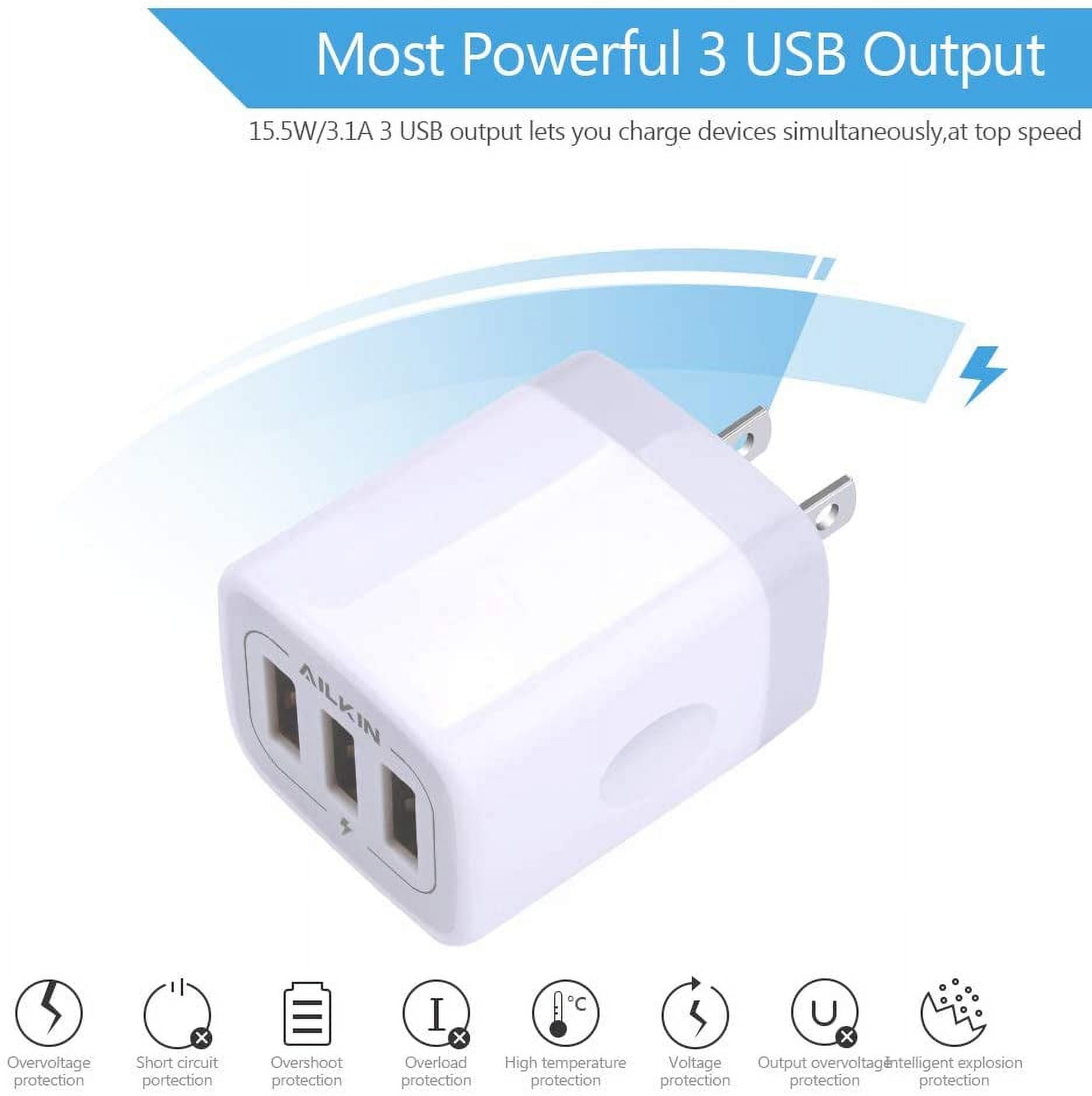 AILKIN Cargador de pared USB de 3 unidades, adaptador de cargador triple,  bloque de carga rápida, estación de cargador para el hogar, enchufe de cubo