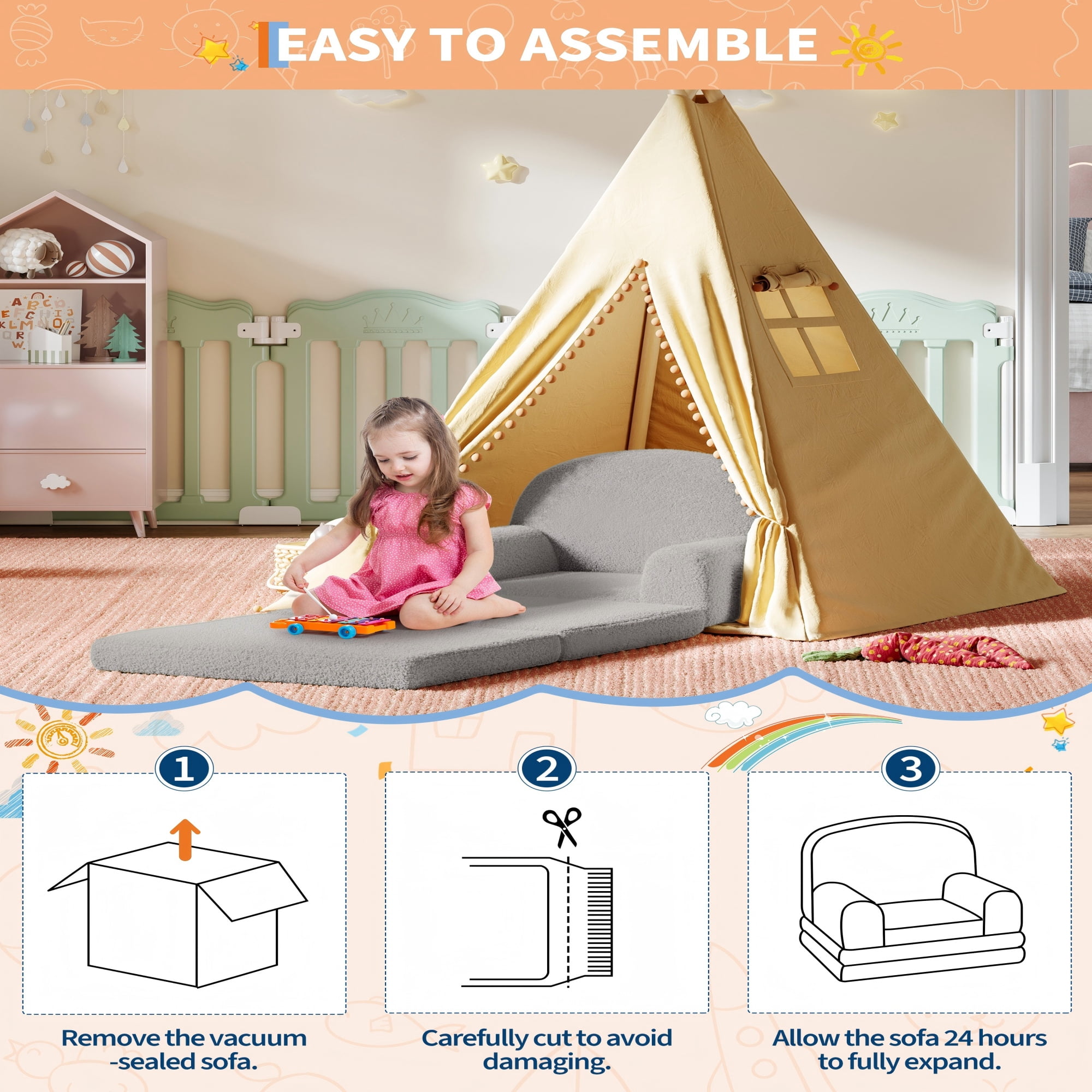 COZONY 2-in-1 Kids Sofa Chair, Convertible Toddler Couch Lounger, Fold-Out Teddy Fleece Sofa Bed