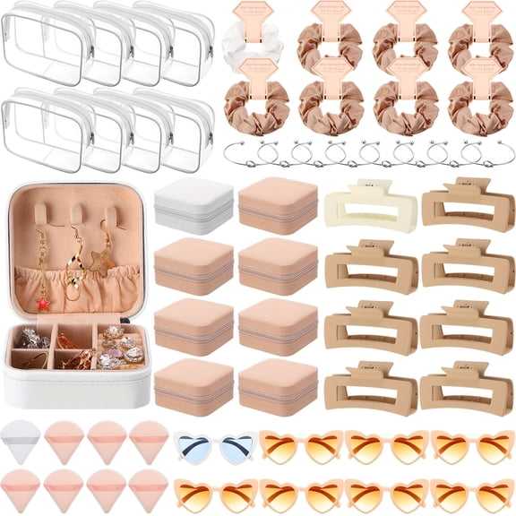 56 Pcs Bridesmaid Proposal Gift Set - Includes Clear Cosmetic Bags, Travel Jewelry Boxes, Heart Sunglasses & Hair Accessories For Wedding Party Favors