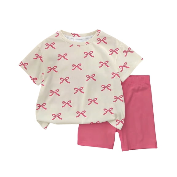 FYDUU Tween Girls Clothes 2 Piece Summer Outfits Bow Print Short Sleeve T Shirts Tops And Shorts Set Casual Comfortable Fashion Girl Clothes 9-10 Years