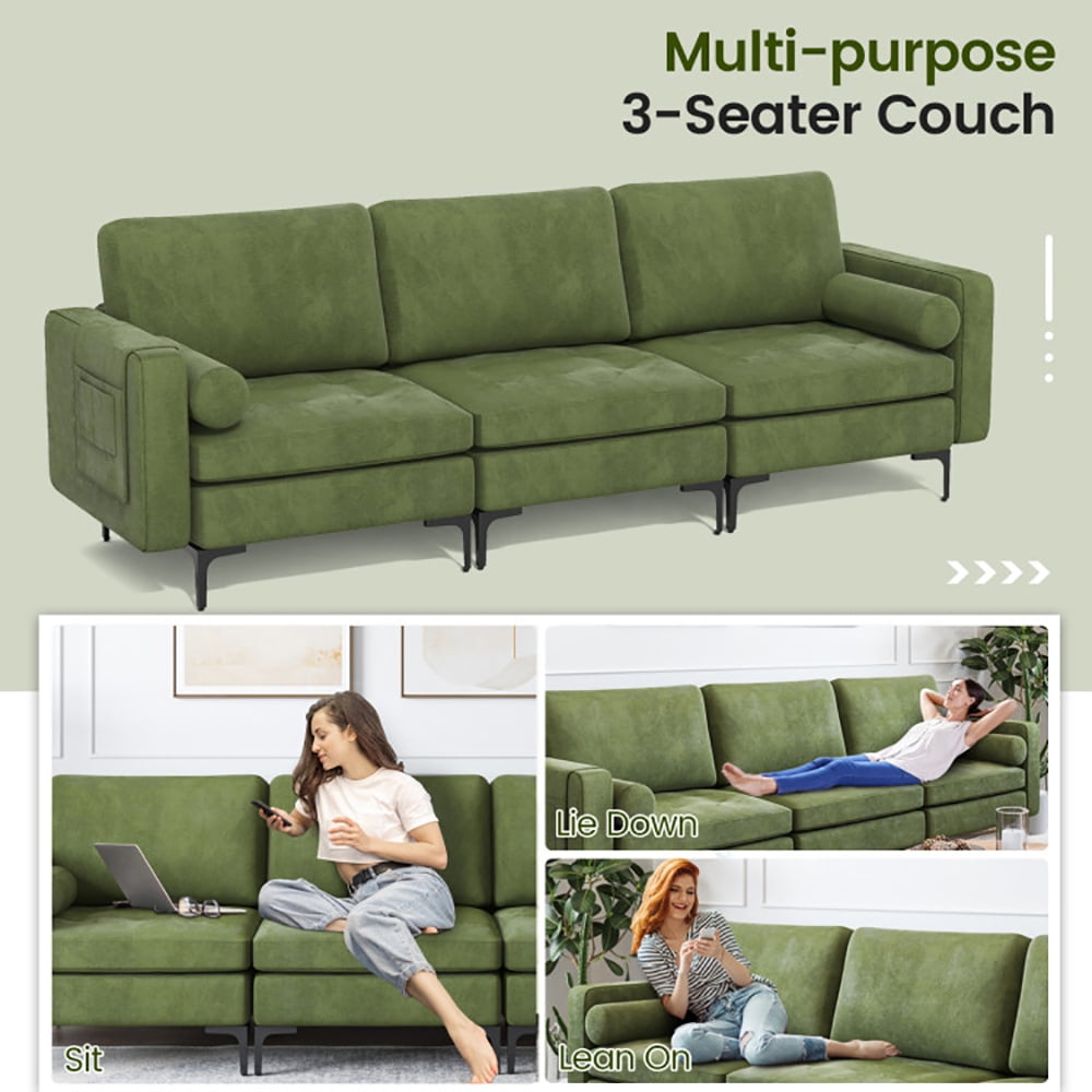 Finihen 3-Seat Sofa Couch, Modular 3-Seat Sofa Couch with Socket USB Ports and Side Storage Pocket, for Living Room, Bedroom, Green Finihen 3-Seat Sofa Couch, Modular 3-Seat Sofa Couch with Socket USB Ports and Side Storage Pocket, for Living Room, Bedroom, Green