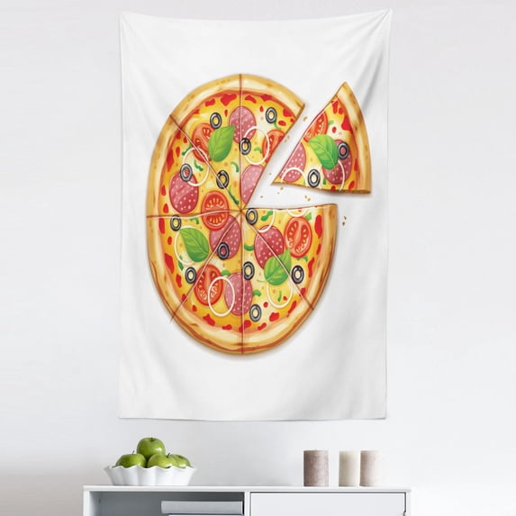 Pizza Tapestry, Sliced Italian Food European Eats Cartoon Design Illustration on Plain Back, Fabric Wall Hanging Decor for Bedroom Living Room Dorm, 5 Sizes, Apricot Multicolor, by Ambesonne