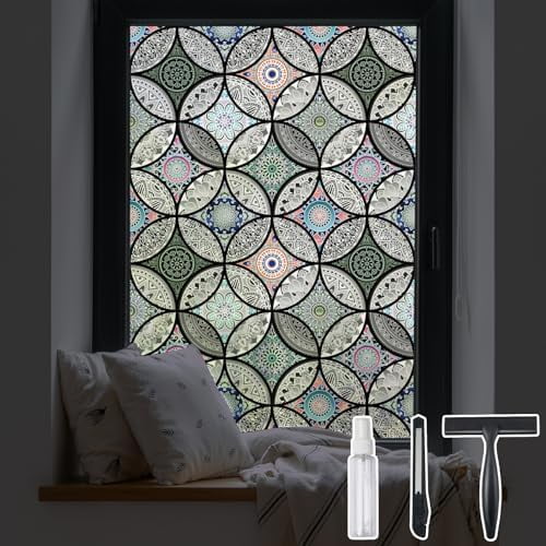 Static Cling Decorative Window Film with Installation Tools Non Adhesive Privacy Film, Stained Glass Window Film for Bathroom Shower Door Heat Cotrol Anti UV 17.7 x 78.7 Inch