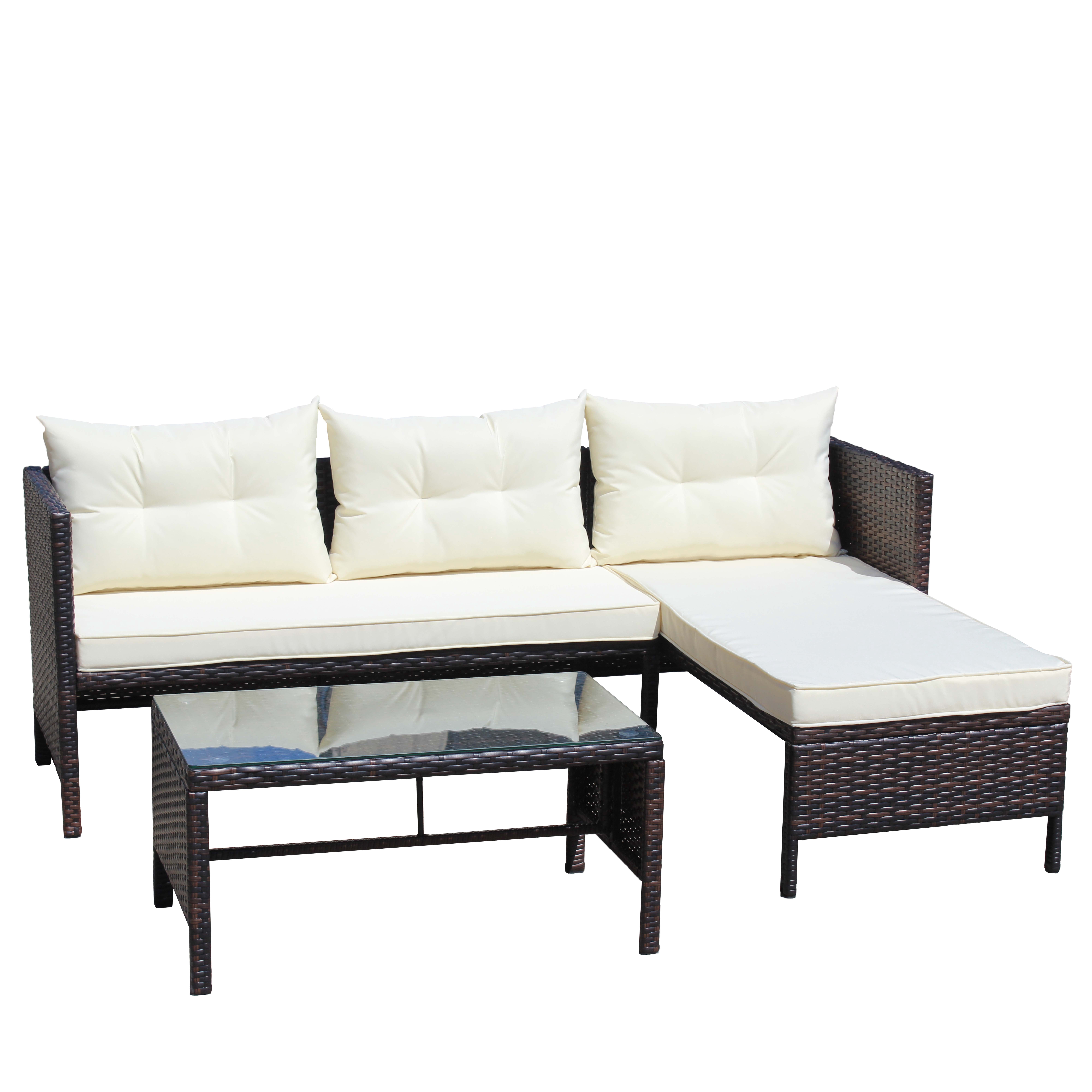Outdoor Patio Furniture Sets 3 Piece Conversation Set wicker Ratten Sectional Sofa With Seat Cushions (Beige Cushion)