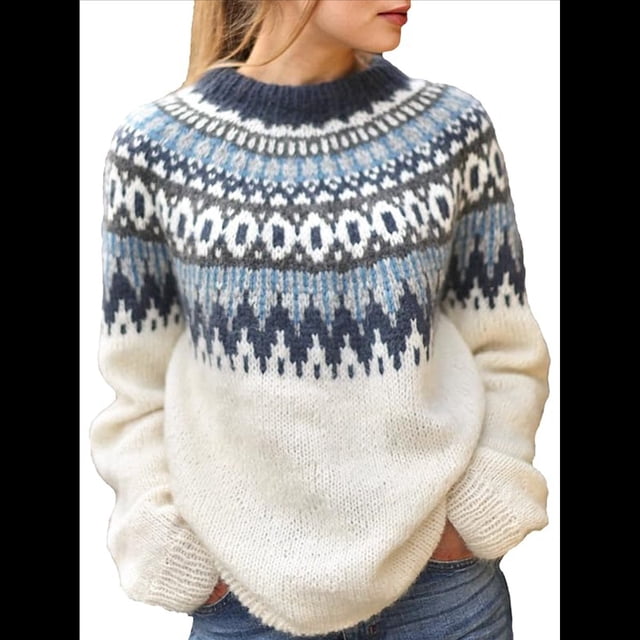 Suéter de Larga con Cuello Redondo para Mujer, Suéter Informal Estampado, Camisetas de Otoño 2025. Azul y L
