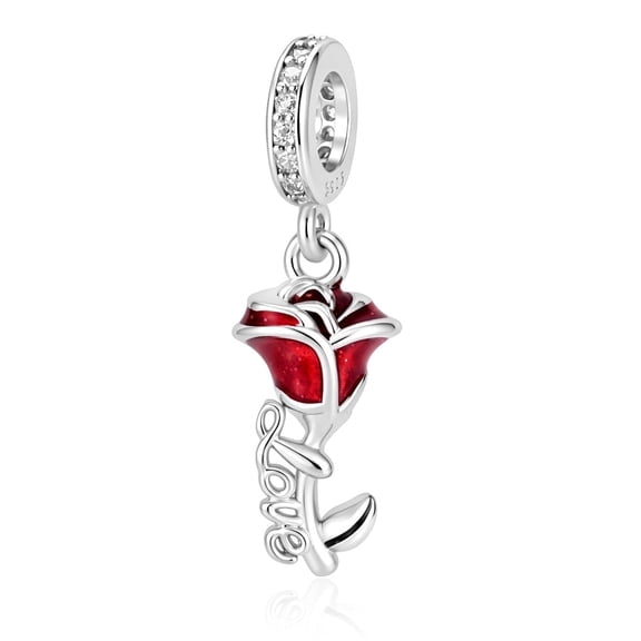 925 Sterling Silver LOVE Red Sparkle Rose Dangle Charm For Bracelets & Bangle Pendant Jewelry