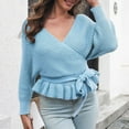 thumbnail image 4 of Lilgiuy Woman Tight-Fitting V-neck Pleated Knit Long Sleeve Pullover Sweater Top,Light Blue,4 Winter Dresses for 2022, 4 of 5