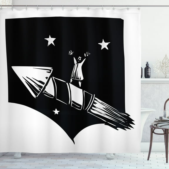 Adventure Shower Curtain, Fireworks Ride Stars Sky Monochrome Woodcut Style Illustration Print, Fabric Bathroom Set with Hooks, 69W X 75L Inches Long, Charcoal Grey and White, by Ambesonne