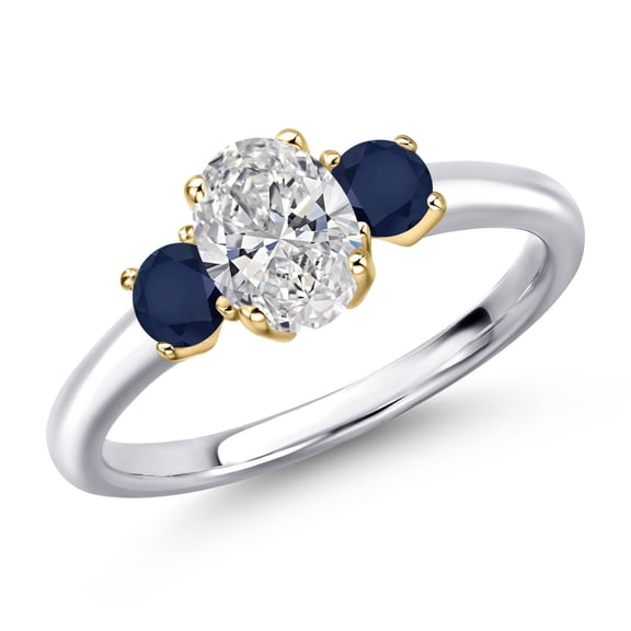 Gem Stone King 925 Silver and 10K Yellow Gold DEF Lab Grown Diamond and Blue Sapphire Engagement Ring for Women | 1.14 Cttw | Oval 7X5MM | Gemstone April Birthstone | Size 6