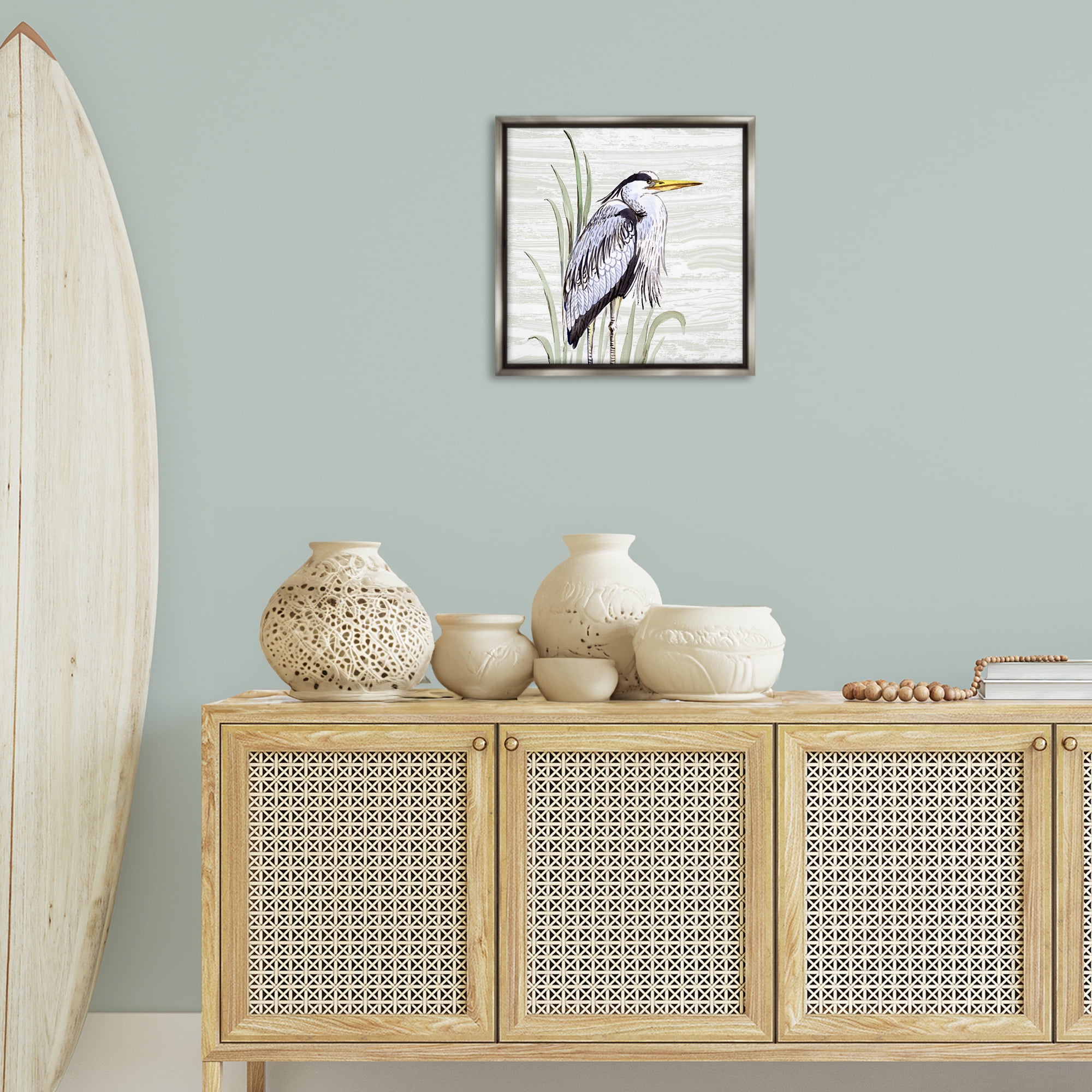 Stupell Industries Beach Bird Elegant Heron Animals Painting Gray Floater Framed Canvas Art Print Wall Art, 18 x 18