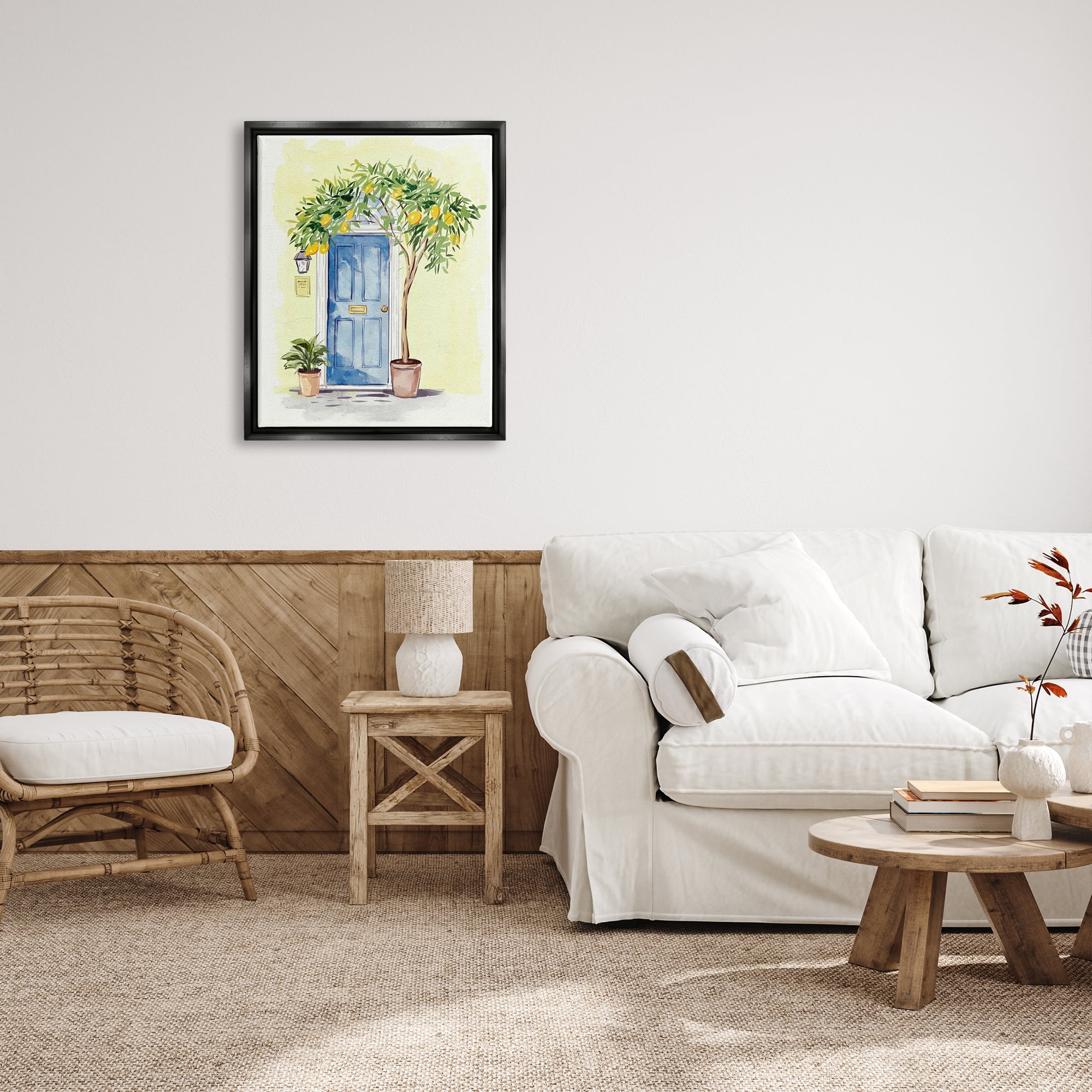 Stupell Industries Lemon Tree in Doorway Food & Beverage Painting Black Floater Framed Canvas Art Print Wall Art, 25 x 31